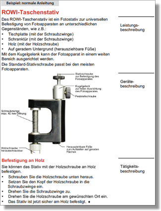 Beispiel Bedienungsanleitung besteht aus Leistungsbeschreibung, Gerätebeschreibung und Tätigkeitsbeschreibung